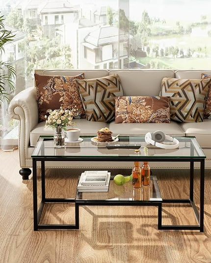 Coffee Table Black Glass Coffee Table for Living Room,2 Tiers Rectangle Center Table with Sturdy Metal Frame,Modern Tempered Glass Accent Table for Bedroom Home Office - LeafyLoom