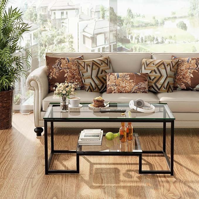 Coffee Table Black Glass Coffee Table for Living Room,2 Tiers Rectangle Center Table with Sturdy Metal Frame,Modern Tempered Glass Accent Table for Bedroom Home Office - LeafyLoom