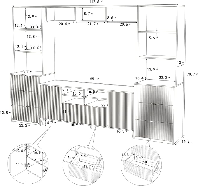 113Inch Entertainment Wall Unit with Bridge, TV Stand Media Console Table with 13 Shelves,8 Drawers and 2 Cabinets for Living Room, White - LeafyLoom