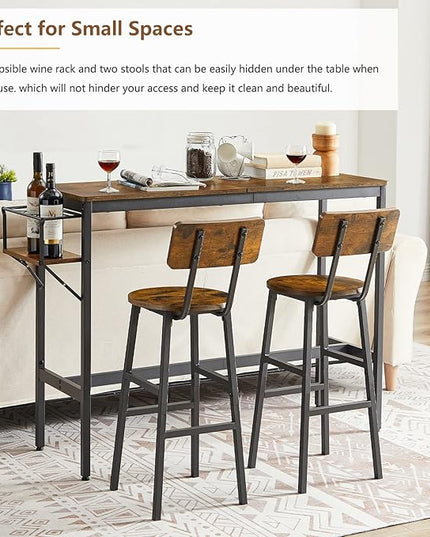 Bar Table and 2 Chairs Set, Industrial Style 3 Pieces Pub Dining Table Set with Collapsible Bottle Holder, 2 Bar Stools with Backrest for Kitchen, Apartment, Small Space - LeafyLoom