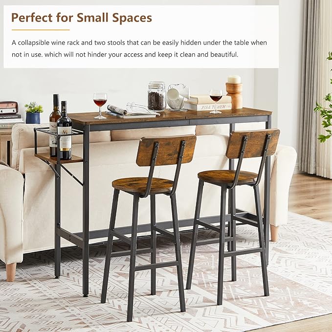 Bar Table and 2 Chairs Set, Industrial Style 3 Pieces Pub Dining Table Set with Collapsible Bottle Holder, 2 Bar Stools with Backrest for Kitchen, Apartment, Small Space - LeafyLoom