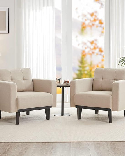 Mid-Century Modern Cream Accent Chair Set of 2, Oversized Upholstered Single Sofa Chair with Wood Base and Wood Legs, Comfy Living Room Armchairs for Apartment Bedroom Office Study, Ivory/Beige - LeafyLoom