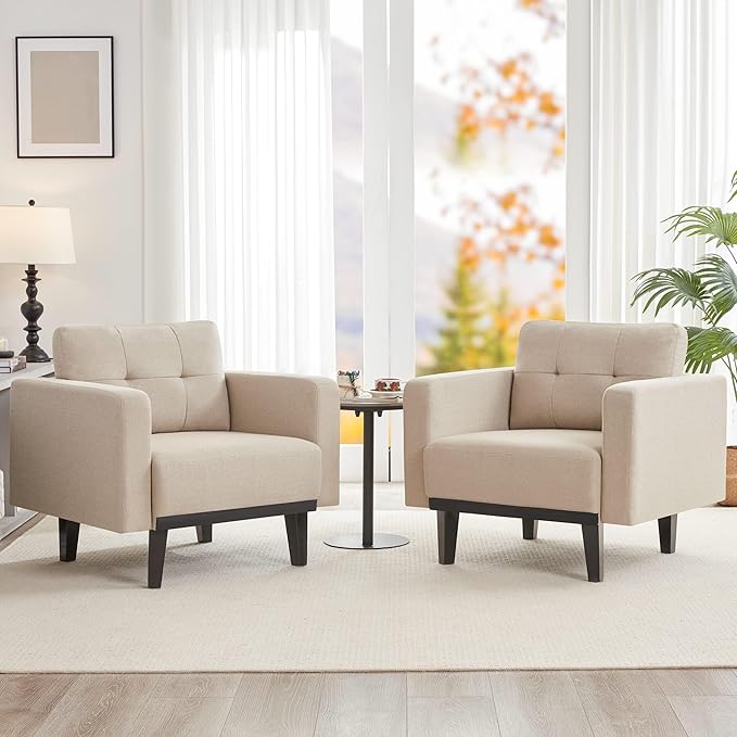 Mid-Century Modern Cream Accent Chair Set of 2, Oversized Upholstered Single Sofa Chair with Wood Base and Wood Legs, Comfy Living Room Armchairs for Apartment Bedroom Office Study, Ivory/Beige - LeafyLoom