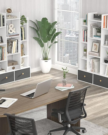 Unikito Bookshelf with 2 Drawers Free Standing Bookcase, Office Storage Shelf Organizer with 12 Open Bookshelves, Industrial Wood Book Case Display Rack for Bedroom, Living Room, Home Office, White - LeafyLoom
