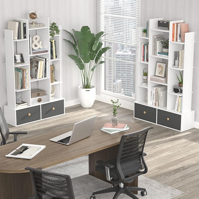 Unikito Bookshelf with 2 Drawers Free Standing Bookcase, Office Storage Shelf Organizer with 12 Open Bookshelves, Industrial Wood Book Case Display Rack for Bedroom, Living Room, Home Office, White - LeafyLoom