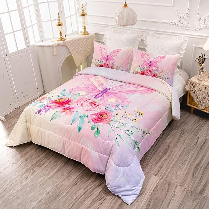 CVHOUSE Butterfly Comforter Sets King for Girls Women,Butterfly Bedding Sets King Set,Butterflies Bedspread,Butterfly Duvet,Butterfly Bed Set,Butterflies Quilt Set 3 Pcs 1 Comforter and 2 Pillowcases - LeafyLoom