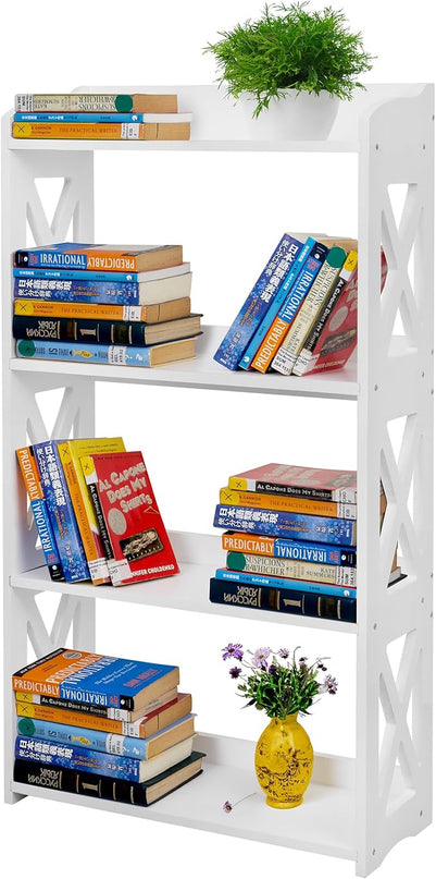 White Bookshelf, White Bookcase, 4 Tier Bookcase, Book Shelf from natural wood, Freestanding Display Storage Shelves Open Bookcase for Bedroom, Living Room and Office (4 Tier, White) - LeafyLoom