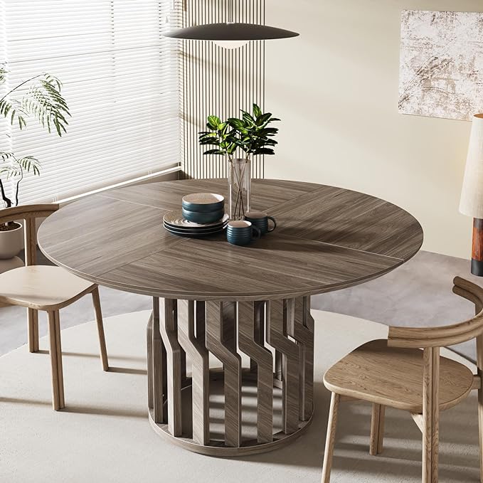Round Dining Table for 4-6 People, 47-Inch Gray Dining Room Table, All-Wood Design Circle Kitchen Table with Strong Pedestal Base, Modern Dinner Table for Dining Room - LeafyLoom