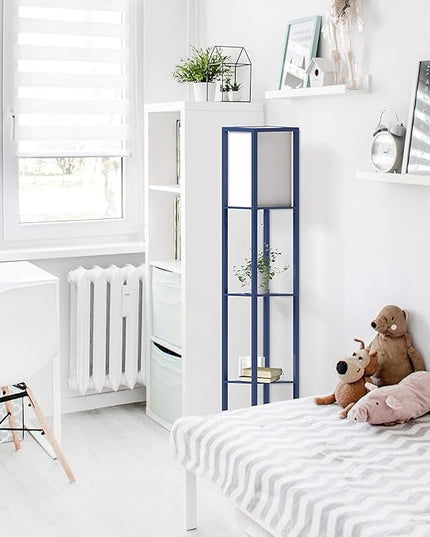Simple Designs LF1014-NAV-LB Three Shelf Etagere Organizer Storage Floor Lamp with White Linen Shade for Living Room, Bedroom, Office, Hallway, Navy Blue, with Feit LED Bulb Included - LeafyLoom
