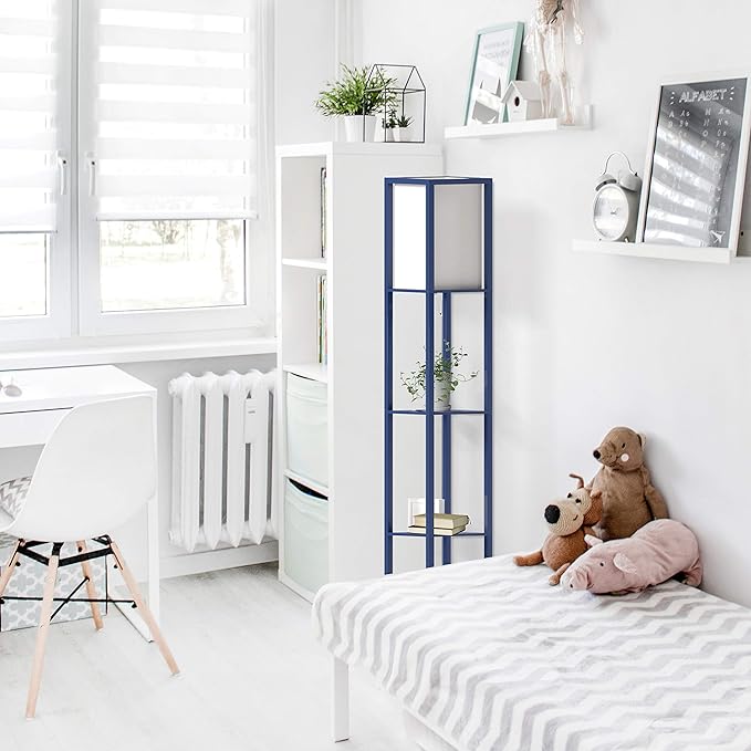 Simple Designs LF1014-NAV-LB Three Shelf Etagere Organizer Storage Floor Lamp with White Linen Shade for Living Room, Bedroom, Office, Hallway, Navy Blue, with Feit LED Bulb Included - LeafyLoom