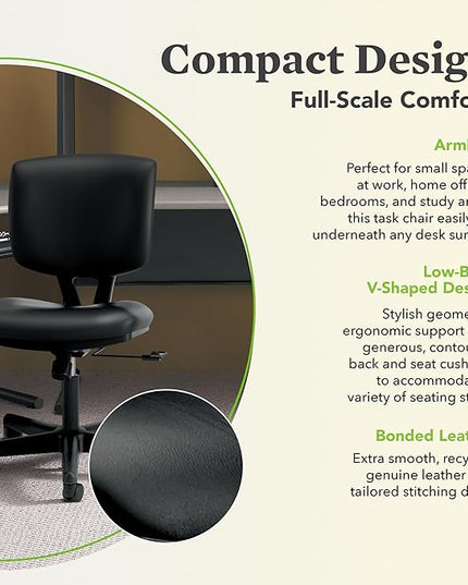 HON Volt Armless Chair Home Desk Wheels. Recline and Tilt, Ergonomic Office, Black - LeafyLoom