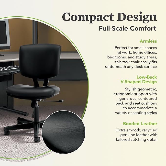 HON Volt Armless Chair Home Desk Wheels. Recline and Tilt, Ergonomic Office, Black - LeafyLoom