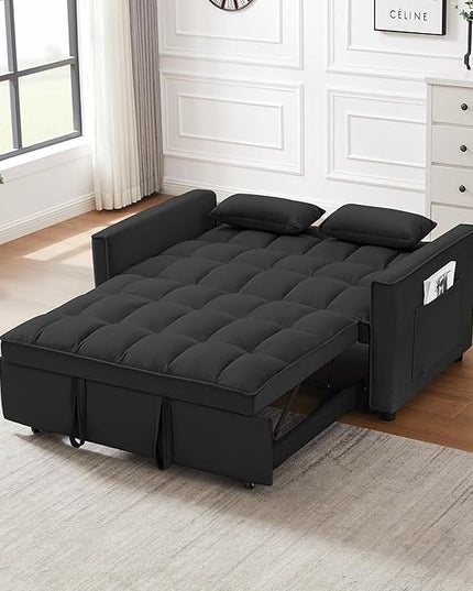 55" 3 in 1 Convertible Loveseat Futon Sofa Couch of Mordern Velvet w/Pullout Bed, Small Love Seat Lounge Sleeper w/Reclining Backrest, Toss Pillows, Pockets, Furniture for Living Room Bed - LeafyLoom