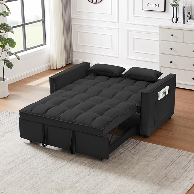 55" 3 in 1 Convertible Loveseat Futon Sofa Couch of Mordern Velvet w/Pullout Bed, Small Love Seat Lounge Sleeper w/Reclining Backrest, Toss Pillows, Pockets, Furniture for Living Room Bed - LeafyLoom
