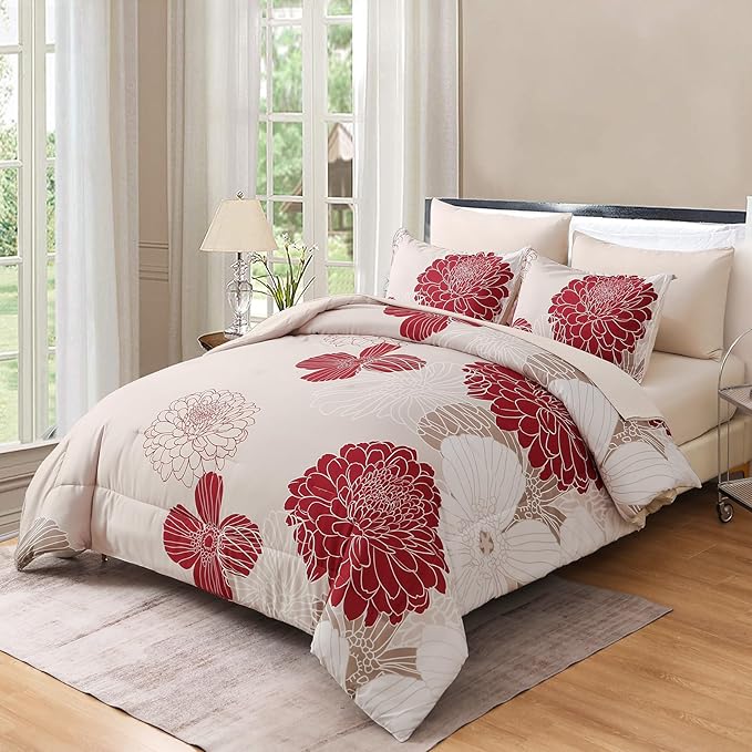 Yiran 7 Pieces King Comforter Set Red Floral Bed in a Bag Soft Microfiber Bedding Set 103"×90"(1 Comforter 1 Flat Sheet 1 Fitted Sheet 2 Pillowshams 2 Pillowcases) - LeafyLoom