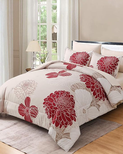 Yiran 7 Pieces Queen Comforter Set Red Floral Bed in a Bag Soft Microfiber Bedding Set 90"×90"(1 Comforter 1 Flat Sheet 1 Fitted Sheet 2 Pillowshams 2 Pillowcases) - LeafyLoom