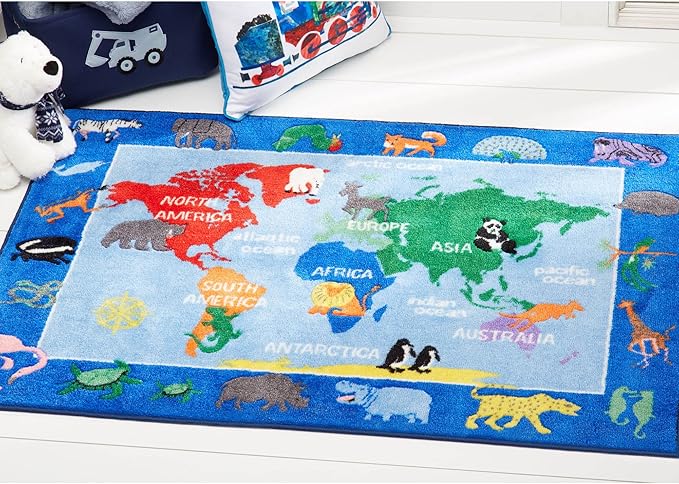 Eric Carle Elementary World Map Kids Machine Washable Area Rug Blue/Red, 6'6"x9'5" - LeafyLoom