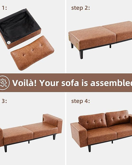 79'' Leather Sofa, 3-Seat Oversized Loveseat Sofa, Mid Century Modern Couch Sofa for Living Room, Deep Brown Faux Leather Couch Bedroom Apartment with Solid Wood Legs Upholstered Cushion, Brown - LeafyLoom