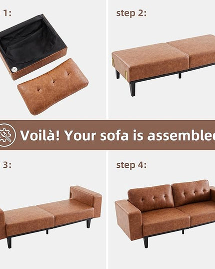 79” Leather Sofa Couches for Living Room, Oversized Loveseat Sofa, 3 Seat Mid Century Modern Couch, Brown Faux Leather Couch Sofa, Love Seat with Solid Wood Leg, Bedroom Couch, Cognac Tan - LeafyLoom