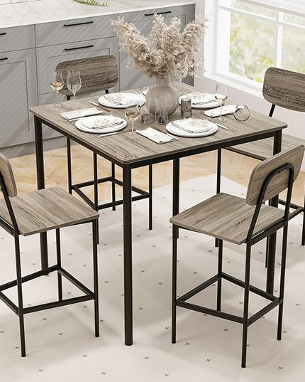 GOFLAME 5-Piece Dining Table Set for Small Space, Kitchen Table and Chairs Set for 4 with Steel Frame, Square Breakfast Table Set, Industrial Counter Height Table Set for Home Restaurant, Grey Oak - LeafyLoom