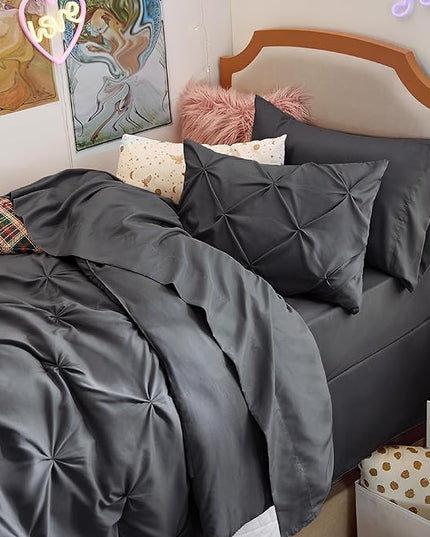 Bedsure Twin XL Comforter Set for Boys - Extra Long 5 Pieces Dorm Bedding Sets, Pinch Pleat Dark Grey Bed in a Bag with Comforter, Sheets, Pillowcase & Sham - LeafyLoom
