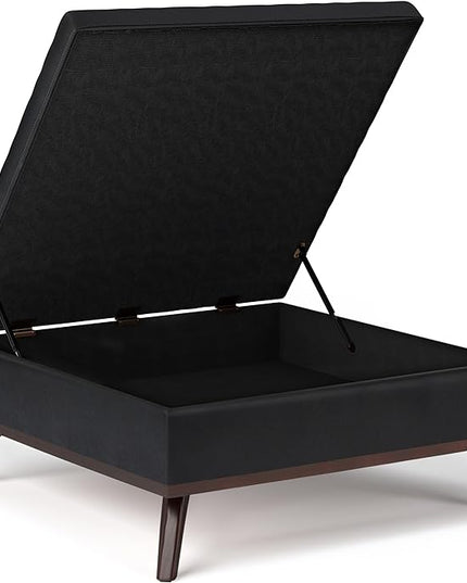 SIMPLIHOME Owen 36 Inch Wide Mid Century Modern Square Coffee Table Lift Top Storage Ottoman in Upholstered Midnight Black Faux Leather, For the Living Room - LeafyLoom