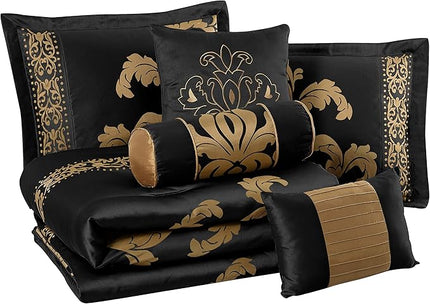 Chezmoi Collection Royale 7-Piece Jacquard Floral Comforter Set, Queen, Black/Gold - LeafyLoom
