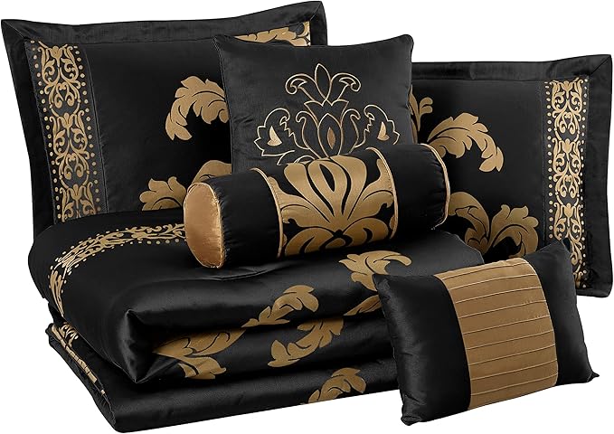 Chezmoi Collection Royale 7-Piece Jacquard Floral Comforter Set, Queen, Black/Gold - LeafyLoom