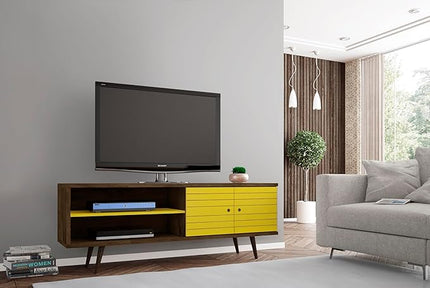 Manhattan Comfort Liberty Mid Century Modern TV Stand for Televisions up to 60 Inches, Bedroom and Living Room Entertainment Center with Storage, Shelves, and Cabinet, 63" Wide, Rustic Brown/Yellow - LeafyLoom