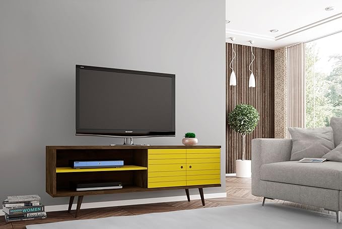 Manhattan Comfort Liberty Mid Century Modern TV Stand for Televisions up to 60 Inches, Bedroom and Living Room Entertainment Center with Storage, Shelves, and Cabinet, 63" Wide, Rustic Brown/Yellow - LeafyLoom