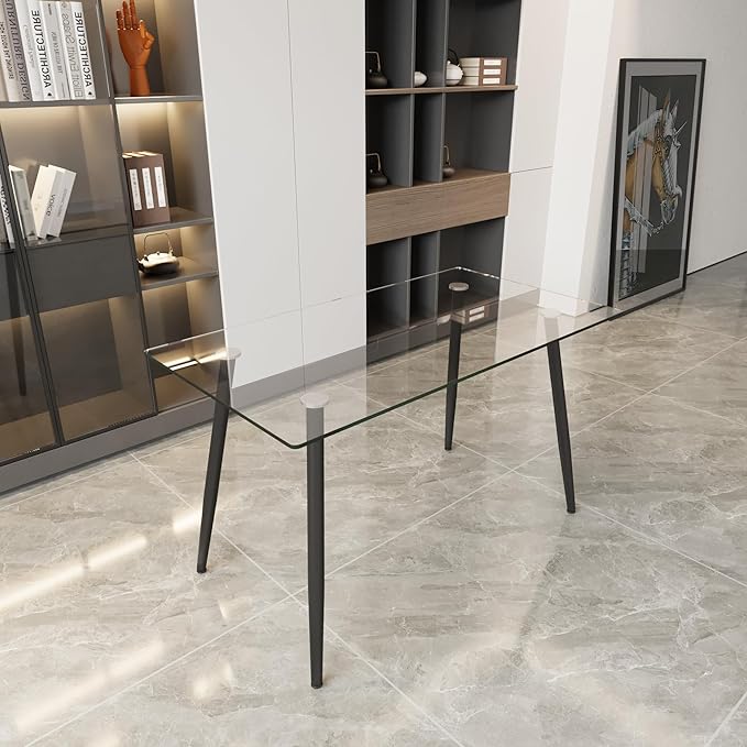 NicBex 51.18Inch Rectangular Dining Table,Modern Kitchen Table with Tempered Glass Tabletop and Black Metal Legs for 6 to 8,Large Dining Room Table for Kitchen,Meeting Room and Living Room,Transparent - LeafyLoom