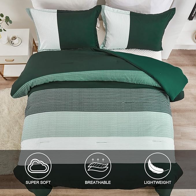 WONGS BEDDING Comforter Set Queen, Reversible Emerald Green Striped Patchwork Down Alternative Comforter for Queen Bed,3 Pieces (1 Comforter+2 Pillowcases), Soft Microfiber Bedding Set 90"×90" - LeafyLoom