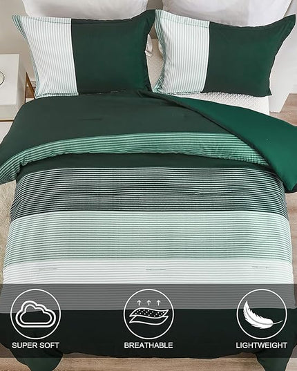 WONGS BEDDING Comforter Set King, Reversible Emerald Green Striped Down Alternative Comforter for King Bed,3 Pieces (1 Comforter+2 Pillowcases), Soft Microfiber Bedding Duvet Set 104"×90" - LeafyLoom