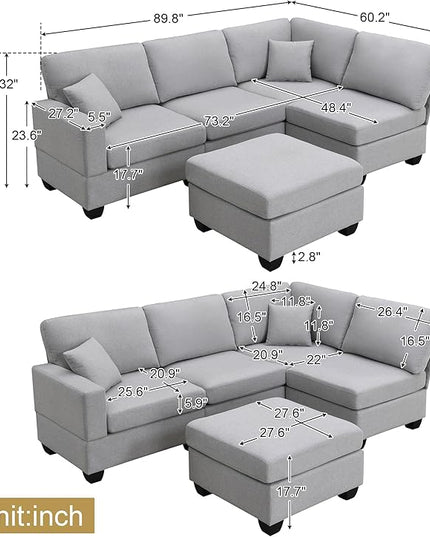 89.8" Modern Sectional Sofa with Convertible Ottoman and 2 Pillows,L-Shape Linen Fabric Corner Couch 5 Set W/Back & Cushion,can Hold up to 330 Lbs,for Apartment,Living Room,Light Grey - LeafyLoom
