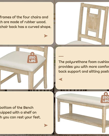 6-Piece Retro Dining Set, Minimalist Rectangular Table and 4 Upholstered Chairs & 1 Bench with a Shelf for Kitchen Living Room, Natural Wood Wash, 60" L x 43" W x 30" H - LeafyLoom