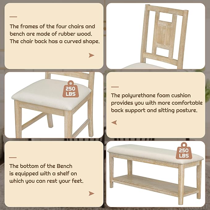 6-Piece Retro Dining Set, Minimalist Rectangular Table and 4 Upholstered Chairs & 1 Bench with a Shelf for Kitchen Living Room, Natural Wood Wash, 60" L x 43" W x 30" H - LeafyLoom