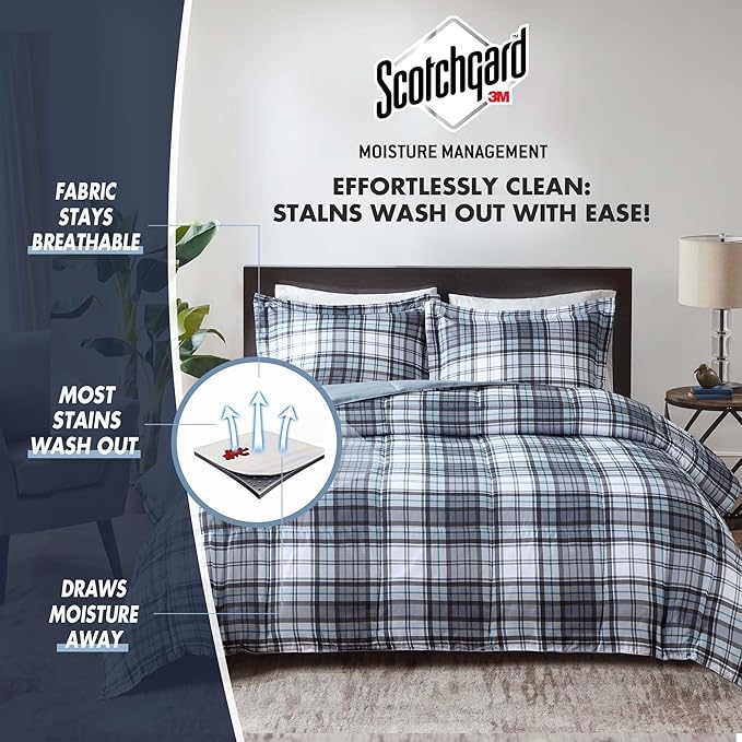 Madison Park Essentials Parkston Plaid Comforter, Matching Sham, 3M Scotchguard Stain Release Cover, Hypoallergenic All Season Bedding-Set, King/California King, Grey, 3 Piece - LeafyLoom