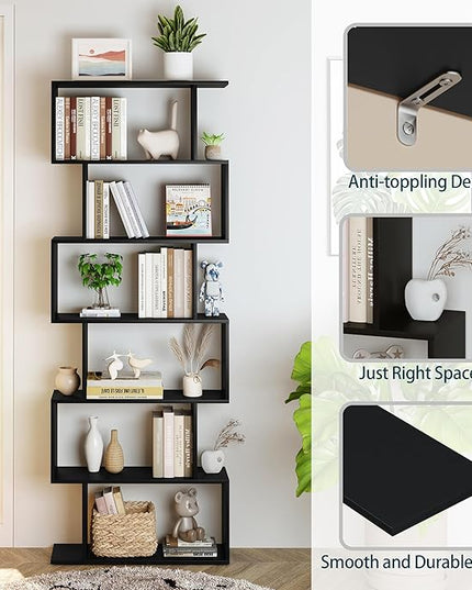 Yusong Bookshelf 6-Tier, Geometric Bookcase S Shaped Book Shelves for Bedroom, Modern Wood Decorative Display Shelf Tall Book Case for Home Office, Black - LeafyLoom