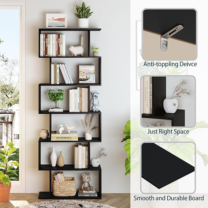 Yusong Bookshelf 6-Tier, Geometric Bookcase S Shaped Book Shelves for Bedroom, Modern Wood Decorative Display Shelf Tall Book Case for Home Office, Black - LeafyLoom