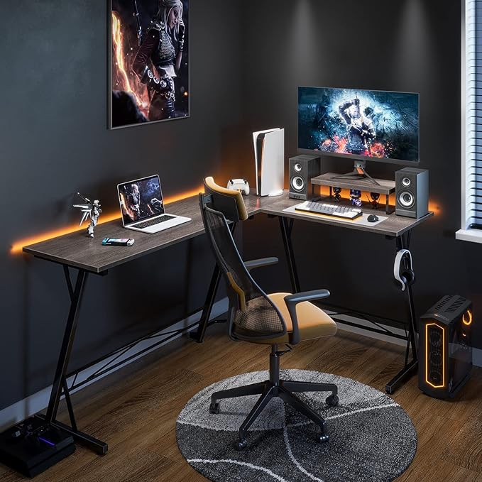 Casaottima Gaming Desk L Shaped Computer Desk, Corner Desk for Home Office with Monitor Stand 66", Gray Oak - LeafyLoom