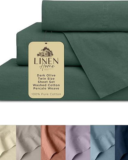 Linen Home Washed Cotton Percale Twin Sheet Set, Dark Olive, Deep Pocket, 3 Pieces Bed Sheets - 1 Flat Sheet, 1 Fitted Sheet & 1 Envelope Closure Pillowcase, Cool and Comfortable Bed Linen - LeafyLoom