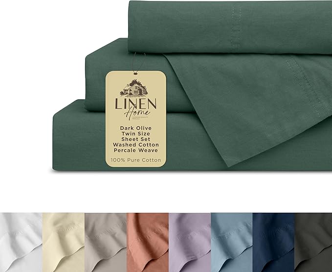 Linen Home Washed Cotton Percale Twin Sheet Set, Dark Olive, Deep Pocket, 3 Pieces Bed Sheets - 1 Flat Sheet, 1 Fitted Sheet & 1 Envelope Closure Pillowcase, Cool and Comfortable Bed Linen - LeafyLoom