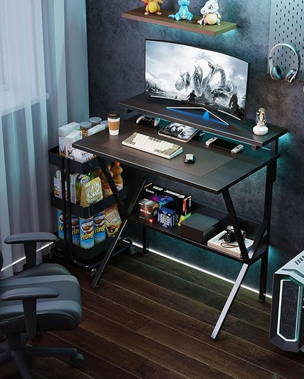 COTUBLR Small Desk, 27.5 Inch Small Computer Desk for Small Spaces, Computer Desk with Adjustable Monitor Stand, Compact Desk with Storage, Tiny Desk Study Desk for Bedroom Home Office, Black - LeafyLoom