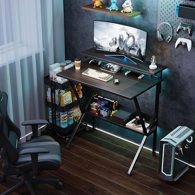 COTUBLR Small Desk, 27.5 Inch Small Computer Desk for Small Spaces, Computer Desk with Adjustable Monitor Stand, Compact Desk with Storage, Tiny Desk Study Desk for Bedroom Home Office, Black - LeafyLoom
