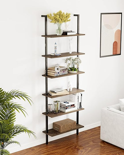 Ladder Shelf Black 6 Tiers Modern Bookshelf Room Organizer Open Tall Wall Mount Bookcase Standing Leaning Wall Shelves Industrial Decorative Living Room Bed Room - LeafyLoom