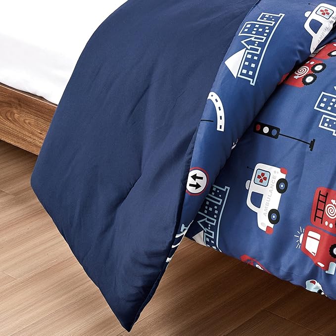 for Kids Fire Turck 4-Piece Comforter Set - Beautiful Motif Design Bedding Set with Embrodery Print - LeafyLoom
