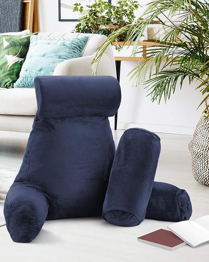 Clara Clark Reading Pillow, Large Back Pillow for Sitting Up in Bed, Memory Foam Back Support Pillow, Reading Pillows for Sitting in Bed Adult, Navy Blue Sit Up Pillow for Bed with Arms and Pockets - LeafyLoom