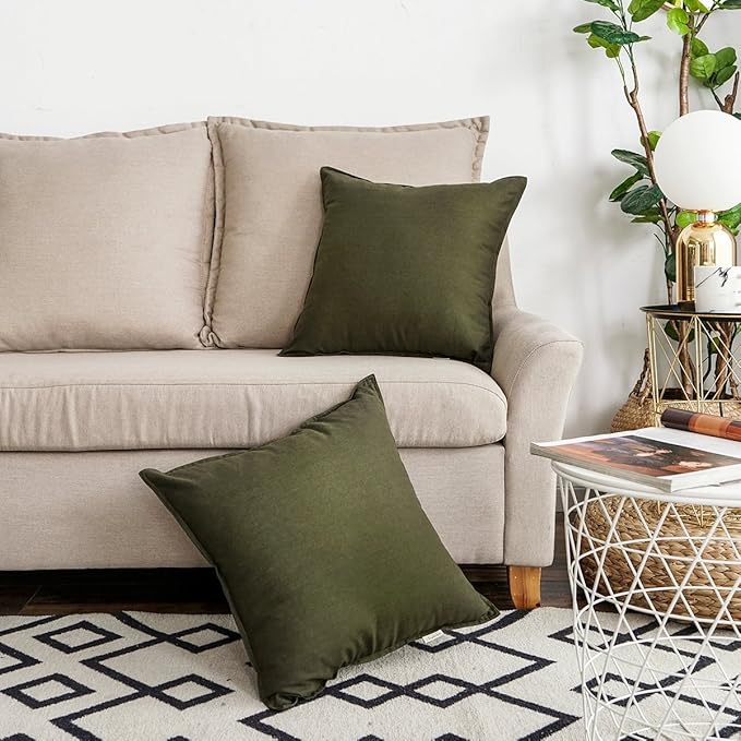 Jeanerlor Set of 2 Decorative 26"x26" Cotton Linen Chair Throw Pillow Case Green for Sofa Durable Classy, Comfortable Cushion Cover for Coffee Shop/Bar (65 x 65cm) Olive Green - LeafyLoom