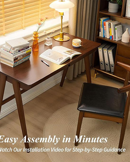 Computer Desk with Drawers, Solid Wood Writing Desk, Mid Century Modern Home Office Desks, Oak Study Table, Small Desk for Bedroom, 29.1 H x 39.4 W x 21.7 D Inches, Walnut - LeafyLoom