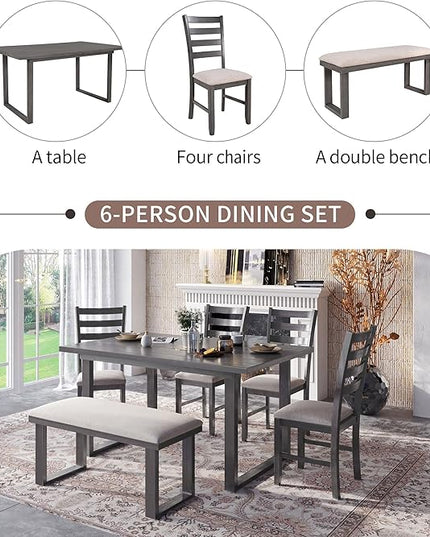 6 Pieces Simple Style Solid Wood Dining Room Set with Rectangular Table, 4 Upholstered Chairs and Bench, Stable Frame and a Long Lifespan, Family Furniture for Kitchen, Livingroom, Brown+Beige - LeafyLoom